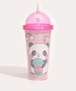 copo com tampa e canudo panda rosa Único