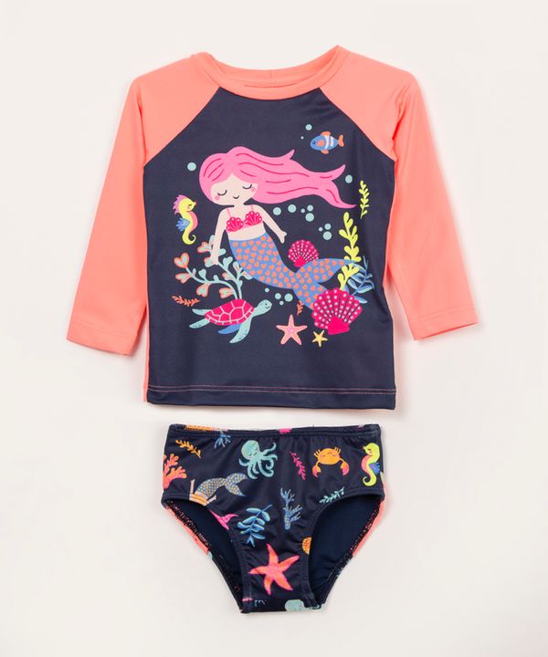 conjunto de praia infantil manga longa sereia com proteção uv50 azul marinho 3