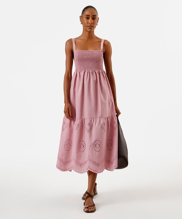 vestido midi feminino de algodão com bordado rosa P