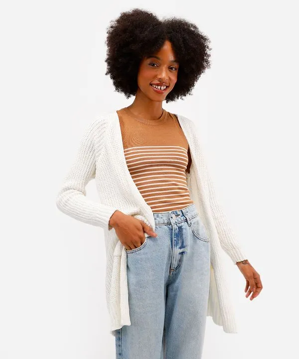 cardigan feminino de tricot chenille alongado - off white M