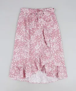 Saia Infantil Midi Estampa de Florezinhas com Babado Rosa Claro 6