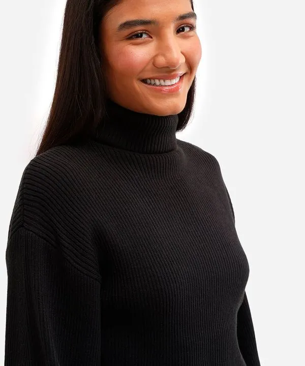 suéter de tricot canelado cropped gola alta - preto P