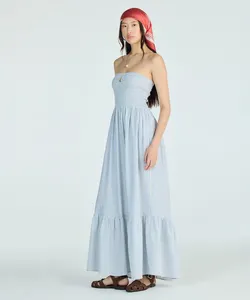 vestido longo sem alça feminino com viscose e recorte listrado azul GG