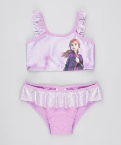 Biquíni Infantil Anna Frozen com Brilho Holográfico Proteção UV50+ Lilás 4