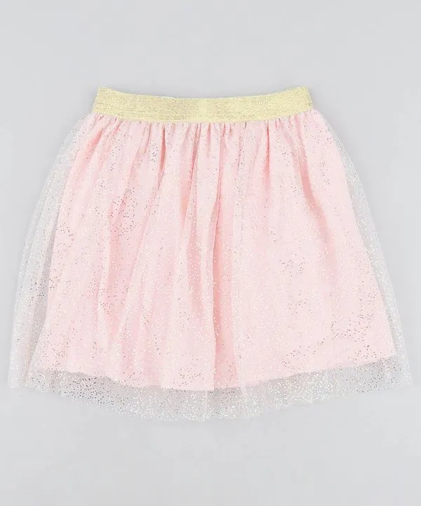 Saia Infantil em Tule Estampado de Poá Metalizado Rosa Claro 10