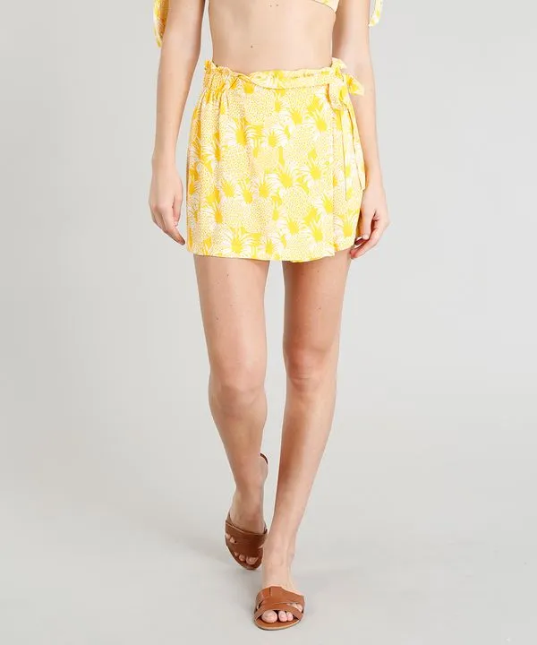 Short Saia Feminino Estampado de Abacaxi Curto Amarelo M