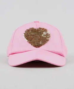 Boné Infantil Aba Curva Coração com Paetê Vai e Vem Rosa G
