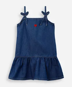 vestido alça fina infantil jeans com recorte e bordado azul 3