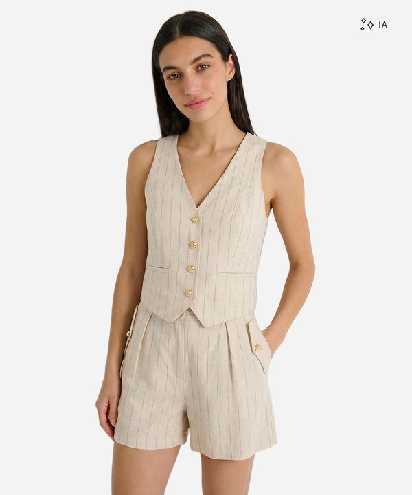 short feminino alfaiataria linho botões risca de giz bege 46