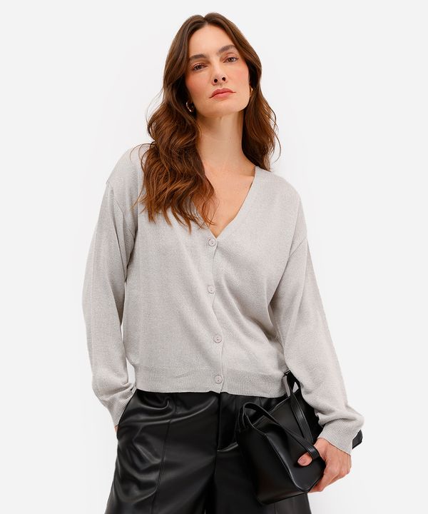 cardigan feminino de tricot com lurex cinza PP
