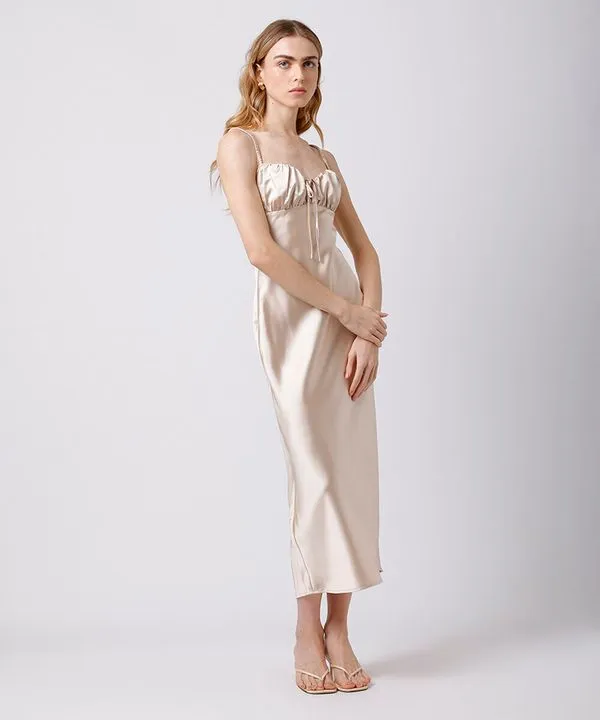 vestido midi alça fina feminino acetinado mindset bege G
