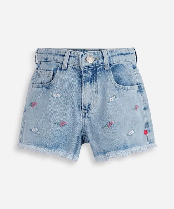short mom jeans infantil com bordados de flores azul 4