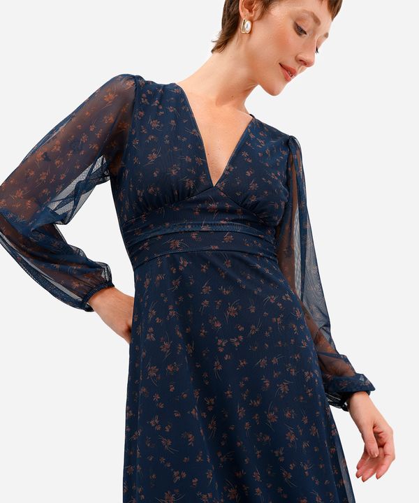 vestido midi feminino de tule manga bufante floral azul PP