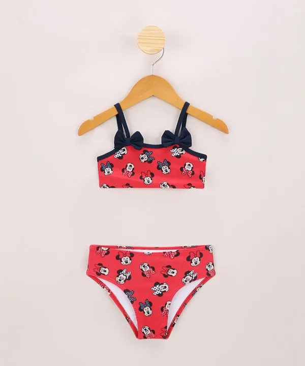 Biquíni Infantil Minnie Estampado com Lacinho e Proteção UV50+ Vermelho 4