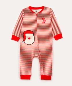 macacão infantil longo com zíper bordado papai noel vermelho 9-12