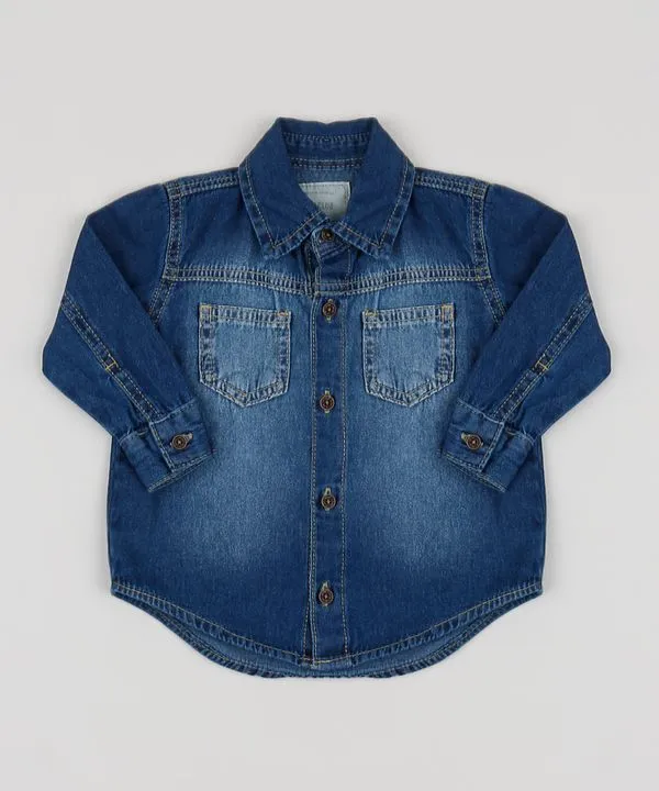 Camisa Jeans Infantil com Bolsos Azul Claro 4