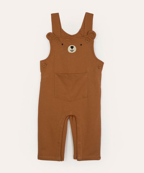 jardineira infantil de moletom urso com bolso marrom médio 9-12