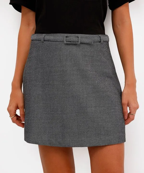 short saia feminino de alfaiataria cintura alta com cinto cinza 44