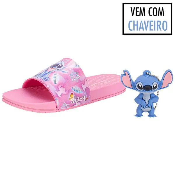 Kit Chinelo Infantil Slide Disney e Chaveiro Stitch Grendene Kids 23406 ROSA 25