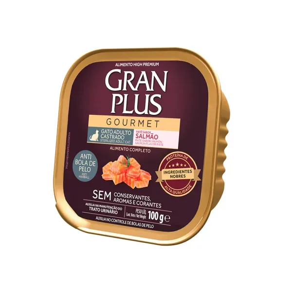 Ração Úmida GranPlus Gatos Adultos Castrados Patê Gourmet Anti Bolas de Pelo Salmão 100 g