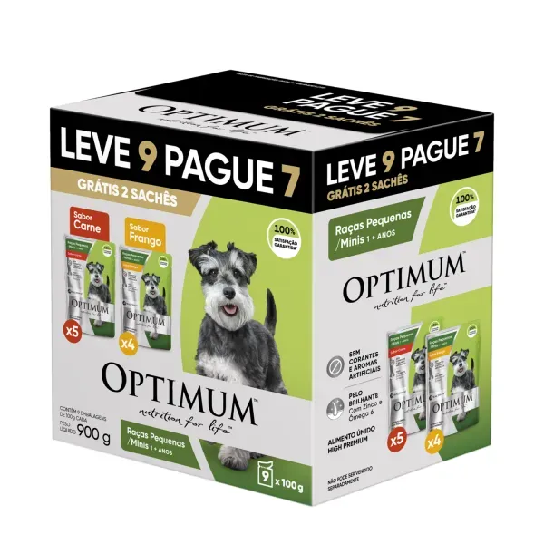 Ração Úmida Optimum Sachê Cães Adultos Mini e Pequeno Carne e Frango Leve 9 Pague 7