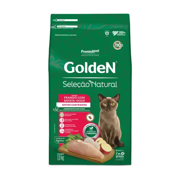 Ração Golden Seleção Natural Gatos Castrados Frango com Batata-Doce 1 kg