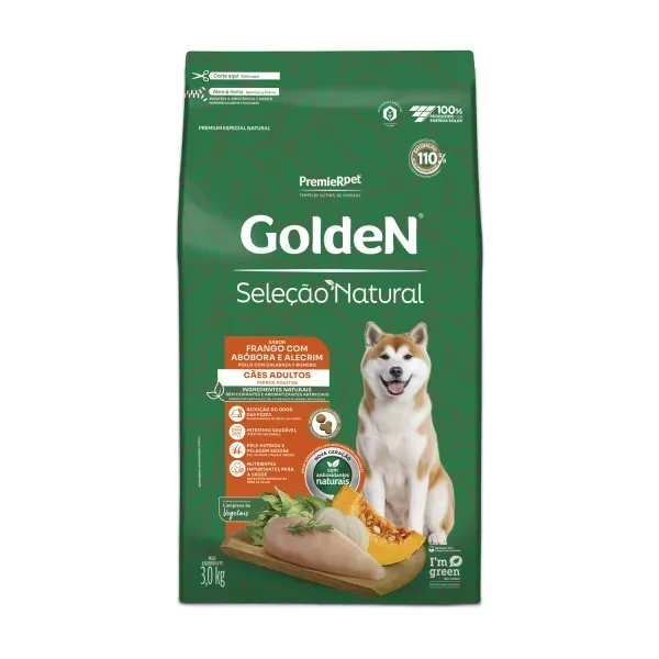 Ração Golden Seleção Natural Cães Adultos Frango, Abóbora e Alecrim 3 kg