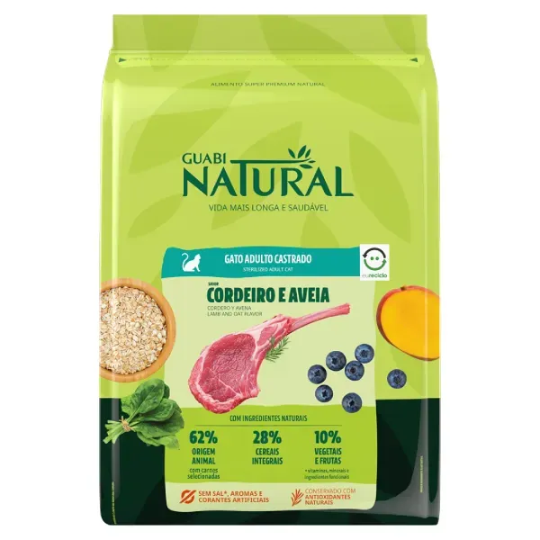Ração Guabi Natural Gatos Adultos Castrados Cordeiro e Aveia 7,5 kg