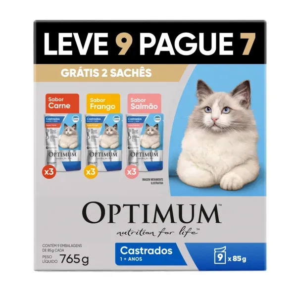 Ração Úmida Optimum Sachê Gatos Adultos Castrados Carne, Frango e Salmão Leve 9 Pague 7