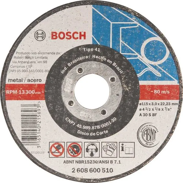 Disco de corte 115 mm x 3,0 mm x 22,2 mm 2608600510 - BOSCH