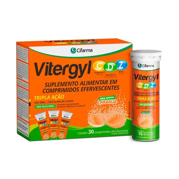 Suplemento Alimentar Vitergyl CDZ Tripla Ação Sabor Laranja 30 Comprimidos Efervescentes
