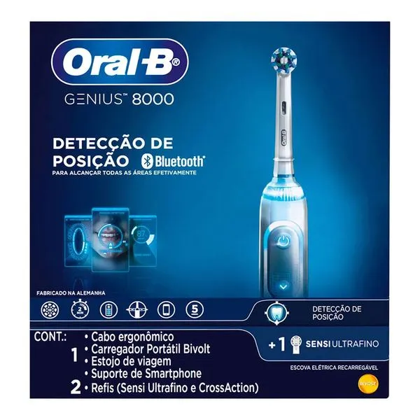 Escova Dental Elétrica Recarregável Oral-B Genius 8000 Bivolt + 2 Refis Sensi Ultrafino e CrossAction