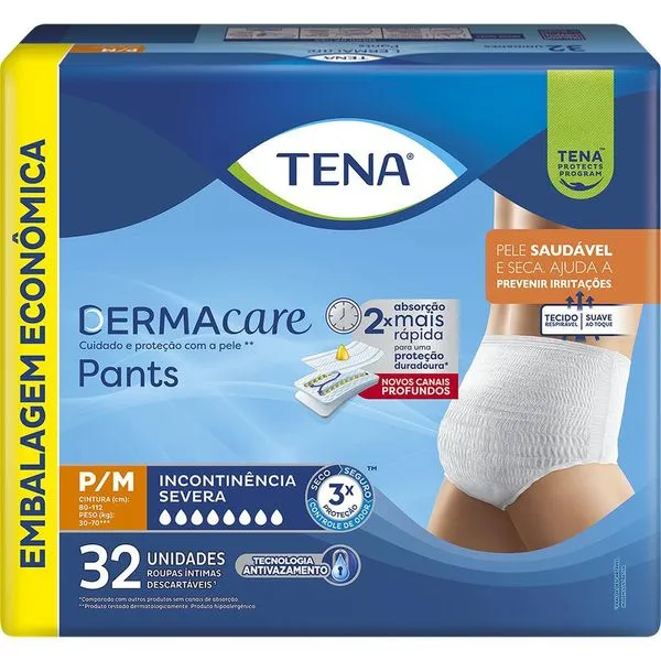 Roupa Íntima Descartável Tena Dermacare Pants Incontinência Urinária Severa P/M 32 Unidades