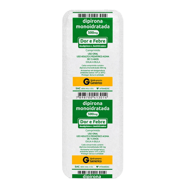 Dipirona Monoidratada 500mg Vitamedic 10 Comprimidos