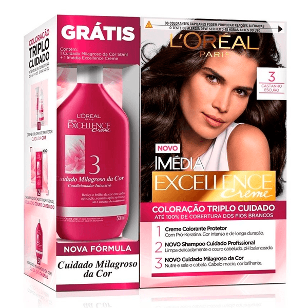 Kit Tinta Imédia Excellence Loreal Creme Castanho Escuro 3 + Creme Milagroso 50ml