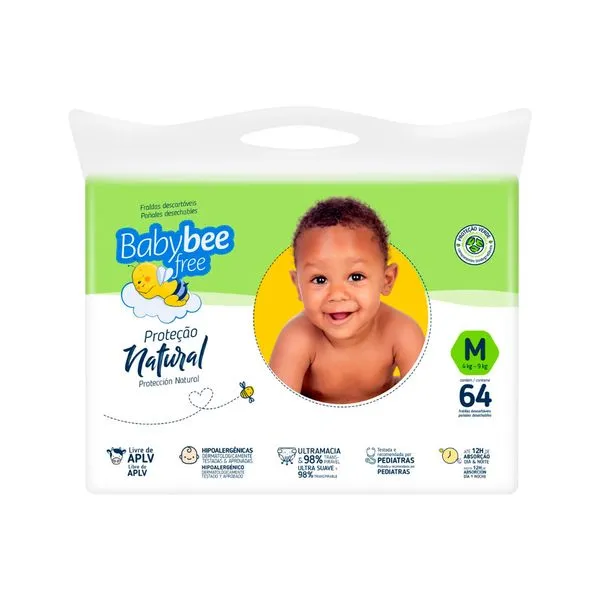 Fralda Baby Bee Free Tamanho M Protecao Natural Com 64 Unidades