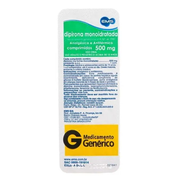 Analgésico e Antitérmico Dipirona Sódica 500mg Genérico EMS 10 Comprimidos