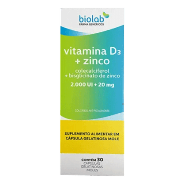 Vitamina D3 2000UI + Zinco 20mg Biolab 30 Cápsulas Gelatinosas Moles