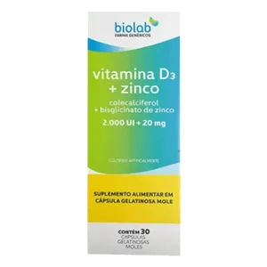 Vitamina D3 2000UI + Zinco 20mg Biolab 30 Cápsulas Gelatinosas Moles