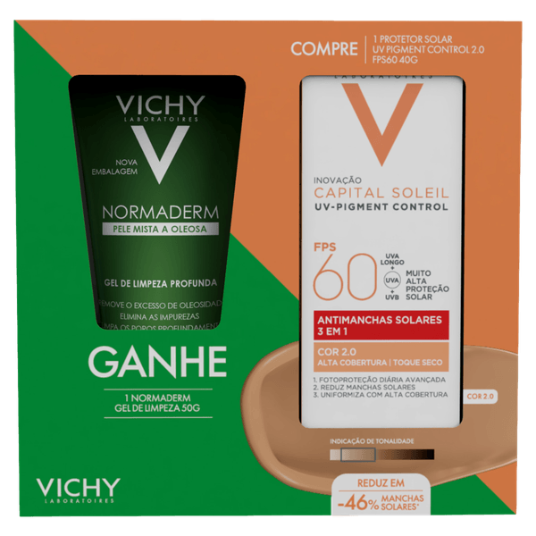 Kit Vichy Protetor Solar Facial FPS 60 Capital Soleil UV-Pigment Control 2.0 40g + Gel de Limpeza Normaderm 50g