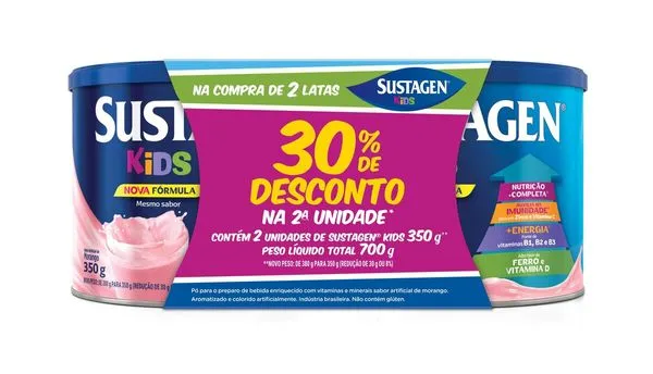 Sustagen Kids Sabor Morango Lata 350g 2 Unidades Desconto de 30% na segunda unidade