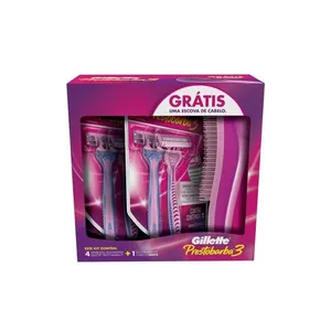 Kit 4 Aparelhos Descartáveis para Depilar Gillette Prestobarba3 Grátis 1 Escova de Cabelo