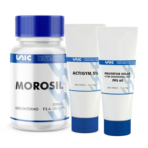 Morosil 500mg + Actigym 5% 50g + Protetor Solar FPS 60 com Densiskin 5% + EGF 1% - 30 caps