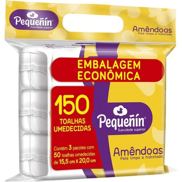 Toalha Umedecida Pequenin Amêndoas Embalagem Econômica 50 Unidades