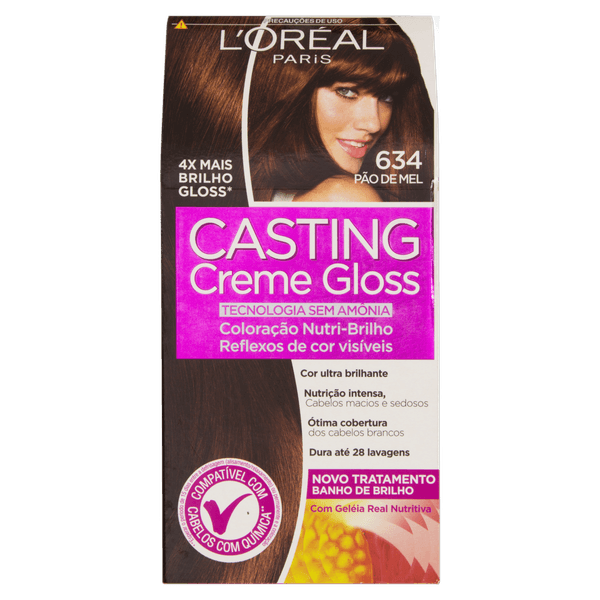 Coloração Permanente Casting Creme Gloss 634 Pão de Mel Kit 45g+67,5ml+40ml L'Oréal Tintura Casting Creme Gloss 634 Mel Tabaco - Casting Crem Gloss