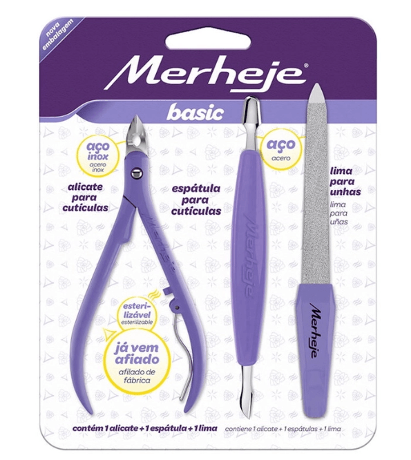 Kit Alicate de Cutícula Inoxidável 3 Peças Lilás - Merheje Kit Merheje Alicate+EspáTula+Lima Lilas