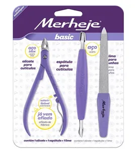 Kit Alicate de Cutícula Inoxidável 3 Peças Lilás - Merheje Kit Merheje Alicate+EspáTula+Lima Lilas
