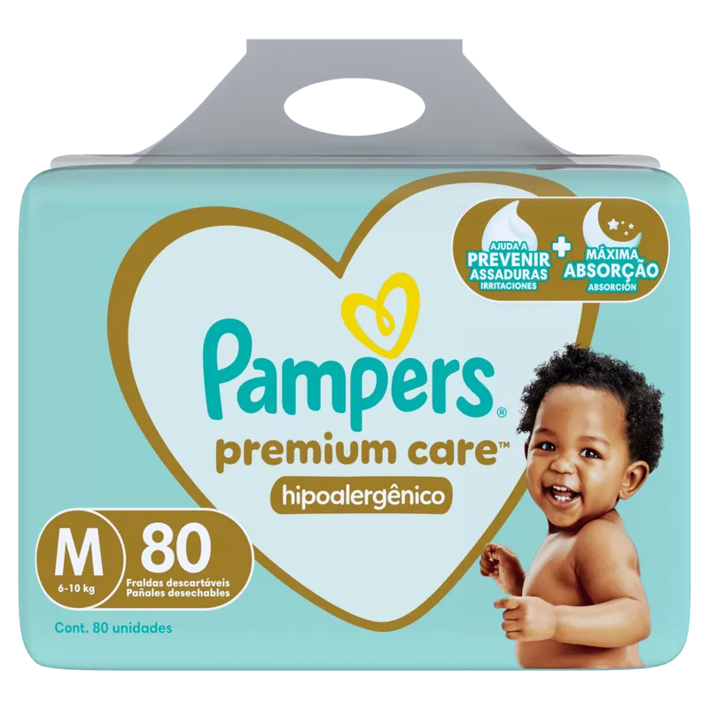 Pampers Fralda Descartável Premium Care M 80un Hipoalergênica Respirável 12h
