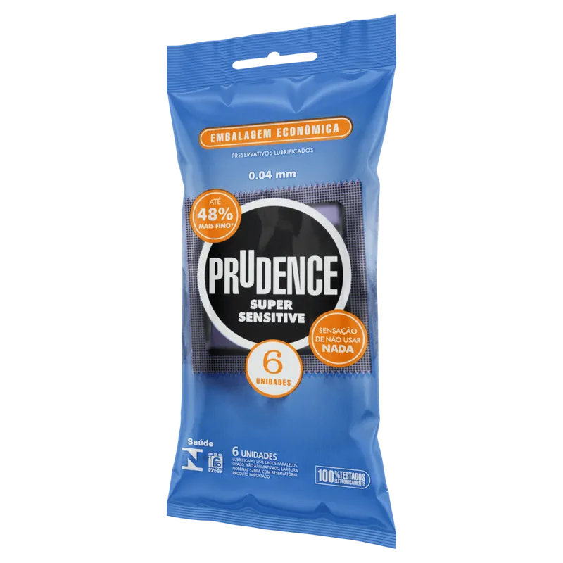 Preservativo Masculino Lubrificado Super Sensitive Prudence Pacote 6 Unidades Embalagem Econômica