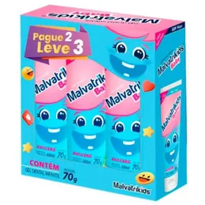 Kit Gel Dental Malvatrikids Baby Anticárie Sabor Tutti-Frutti sem Flúor 3 Unidades 70g cada